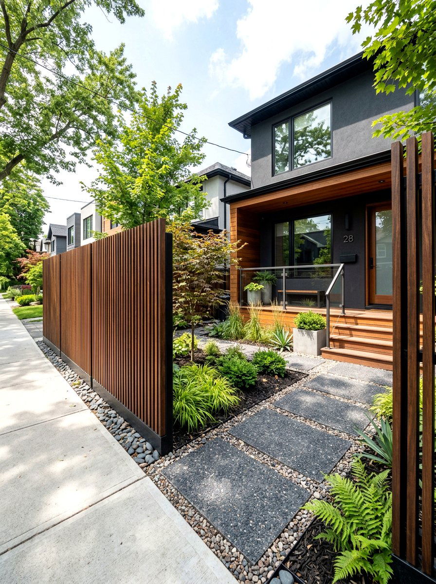 Vertical Wood Slat Fence - 30 front yard fence ideas