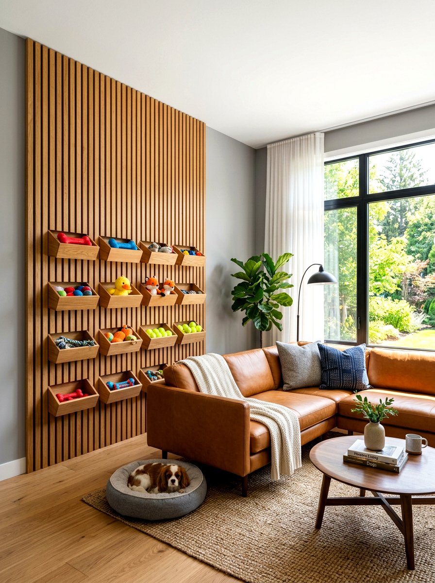 Vertical Wood Slat Storage - 30 pet toy wall storage ideas