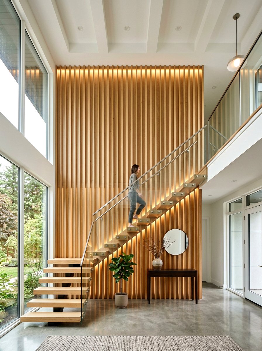 Vertical Wood Slat Wall - 30 double height foyer ideas