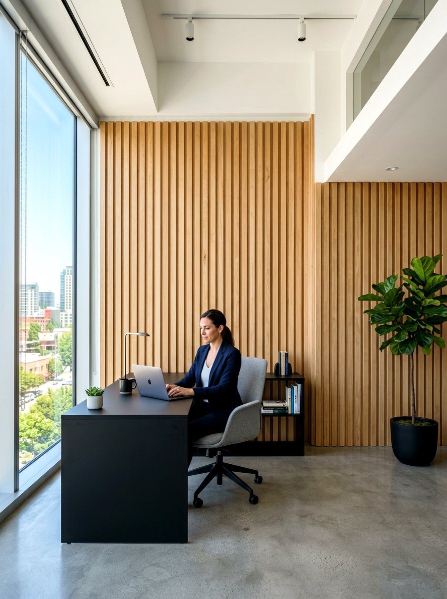 Vertical Wood Slats - 30 video call office ideas