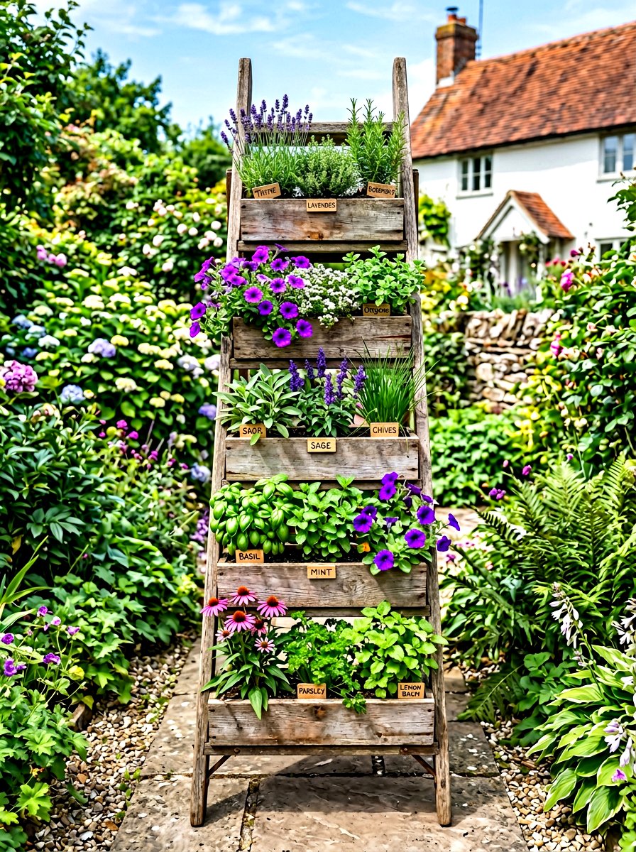 Vertical Wooden Ladder Garden - 30 tiered planter ideas