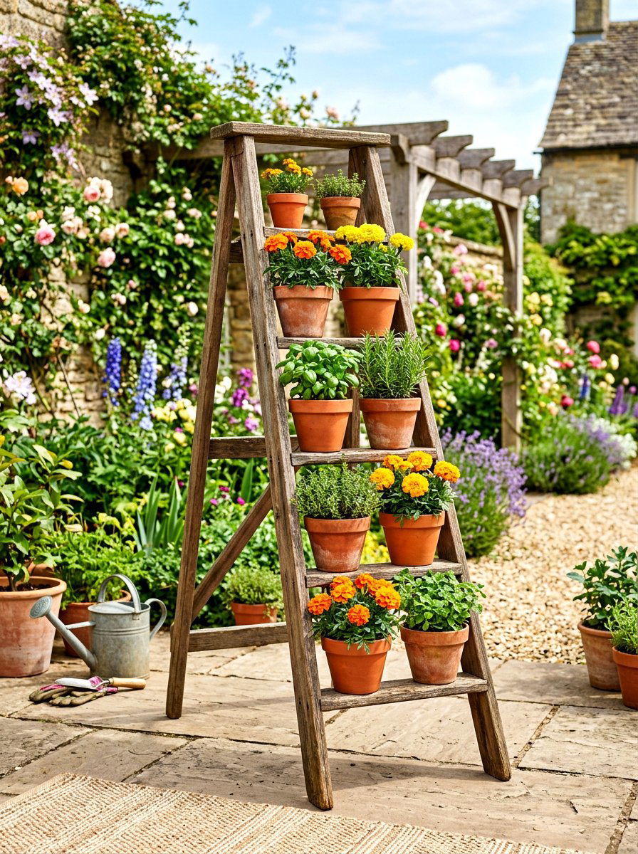 Vertical Wooden Ladder Stand - 30 container garden stand ideas