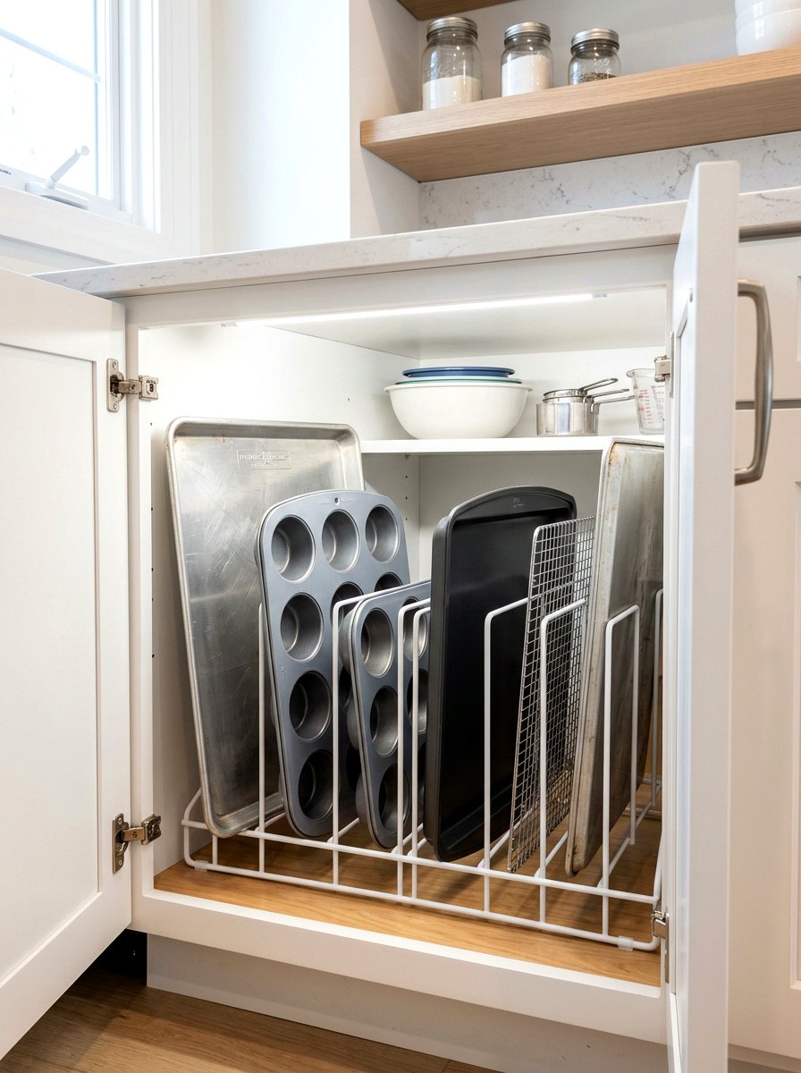 Vertical bakeware divider - 30 apartment kitchen storage ideas