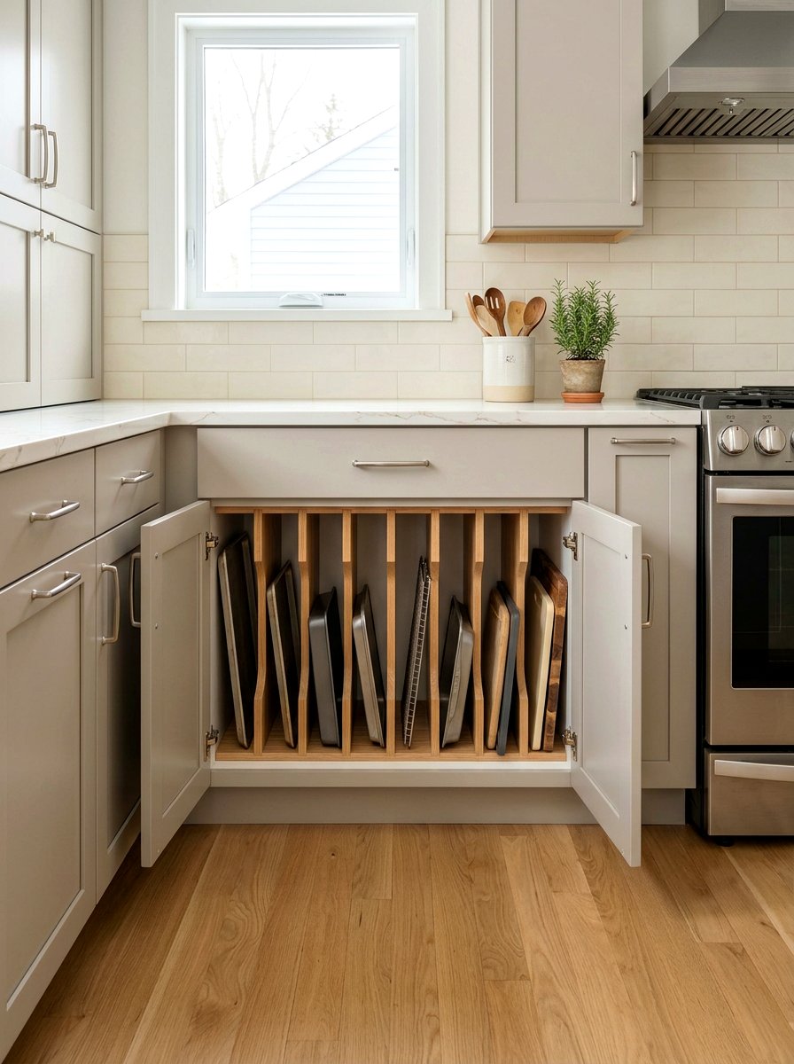 Vertical baking sheet storage - 30 tray divider cabinet ideas