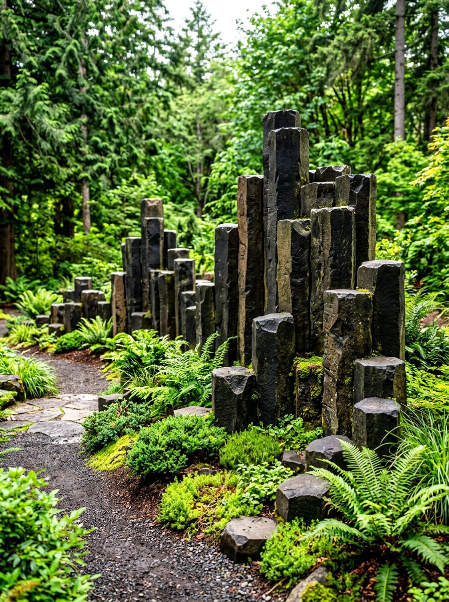 Vertical basalt column landscaping - 30 stone edging front yard ideas
