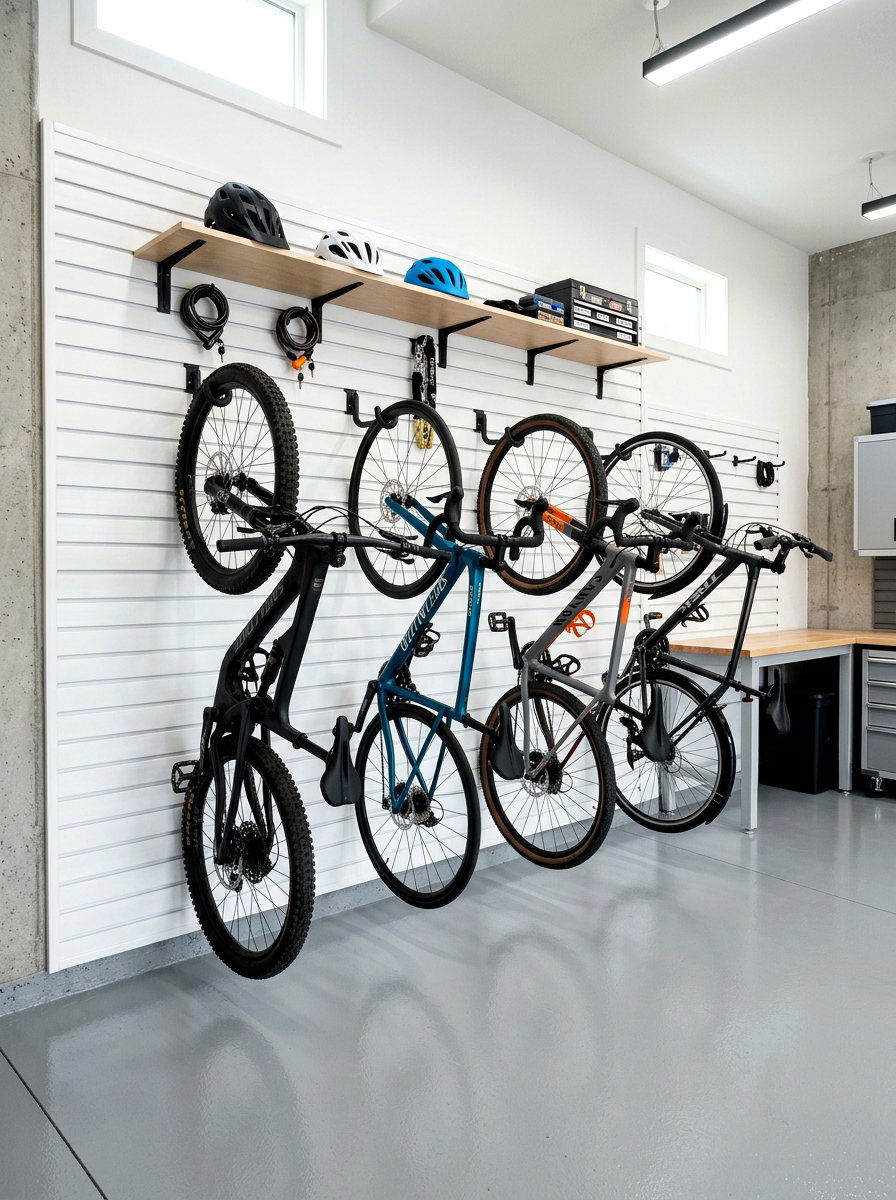 Vertical bike storage layout - 30 garage slatwall ideas
