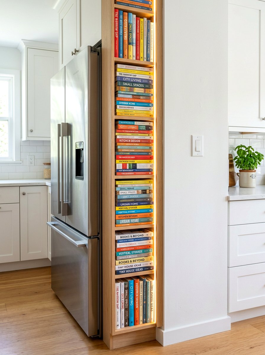 Vertical book storage gap - 30 book shelf kitchen ideas