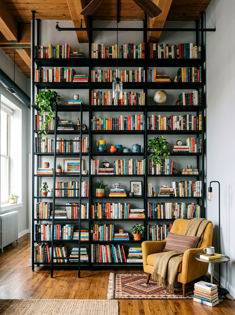 Vertical bookshelf floor to ceiling - 30 stylish small apartment ideas