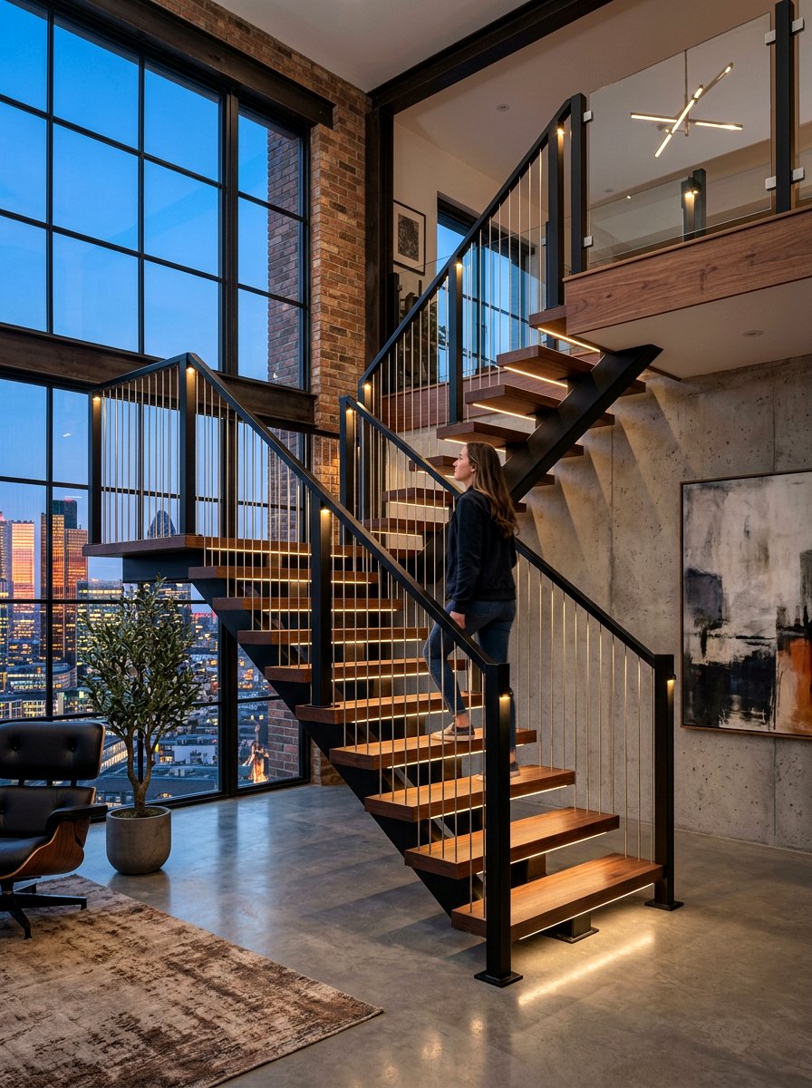 Vertical cable railing accent lights - 30 statement staircase lighting ideas