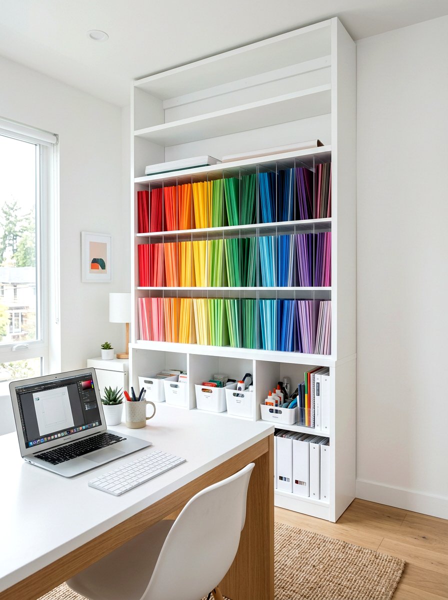 Vertical craft paper shelving - 30 craft corner ideas