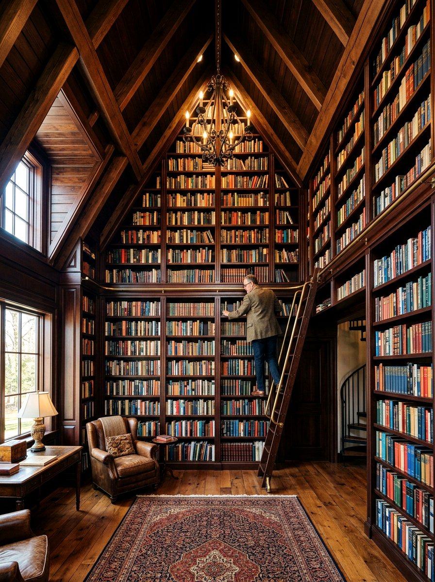 Vertical floor to ceiling bookcases - 30 attic bedroom storage ideas
