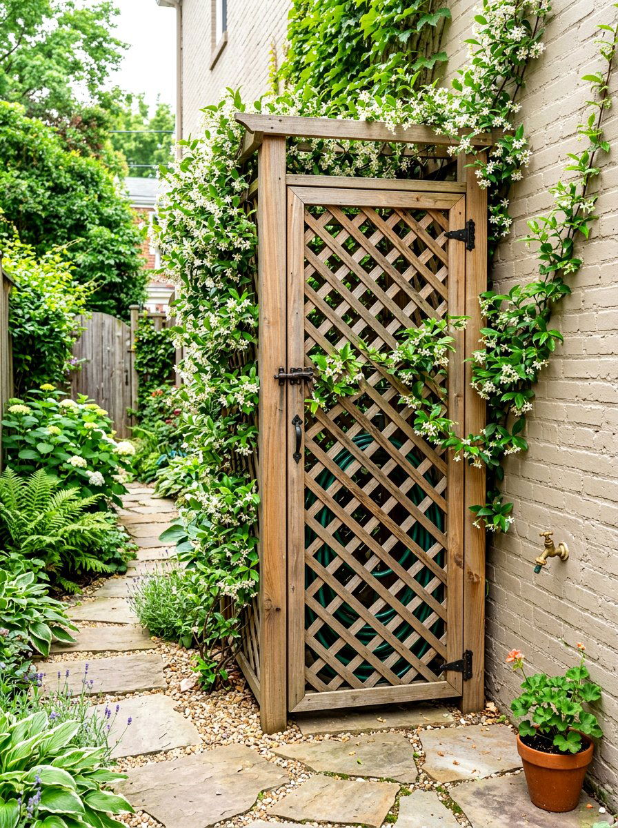 Vertical garden hose enclosure - 30 hose reel hideaway ideas