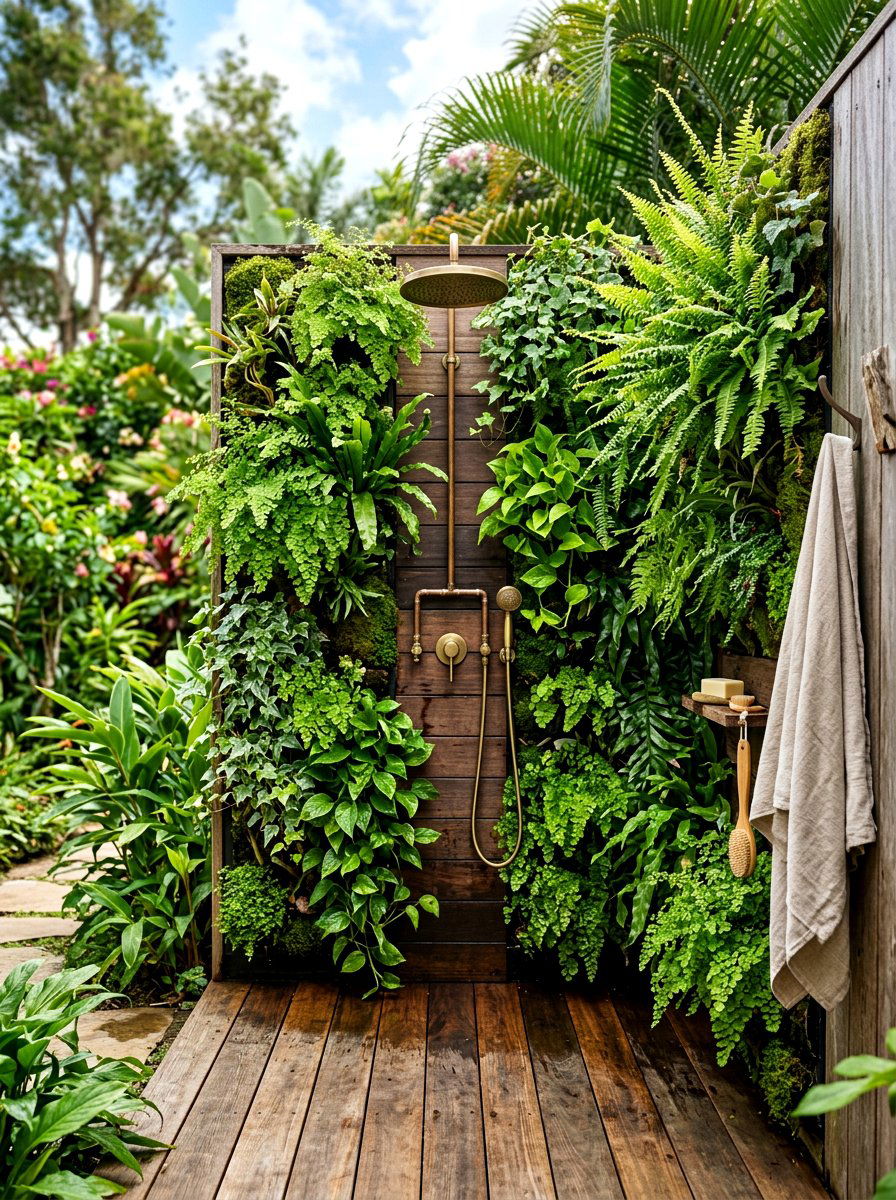 Vertical garden shower wall - 30 outdoor shower privacy ideas