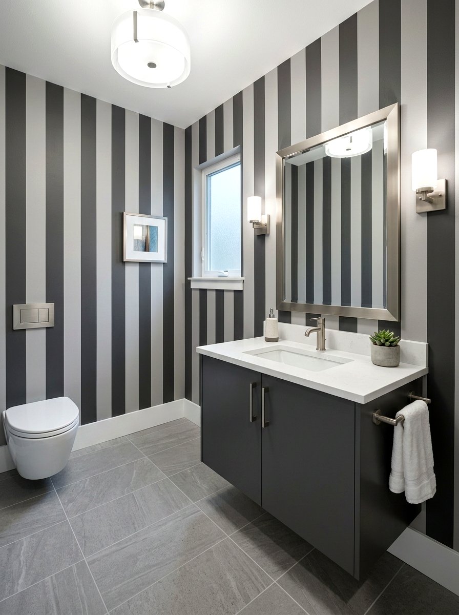 Vertical grey stripes painted walls - 30 striped powder room ideas