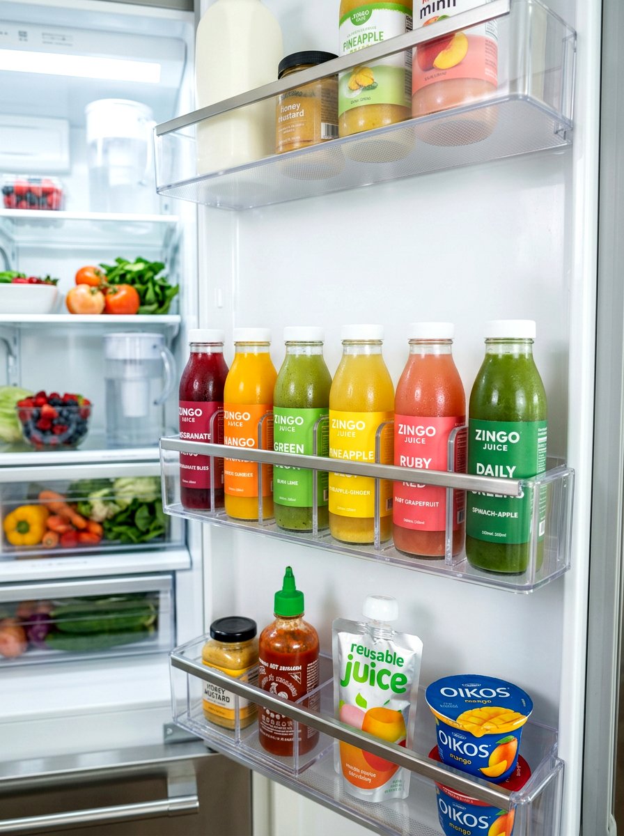 Vertical juice bottle rack - 30 aesthetic fridge organization ideas