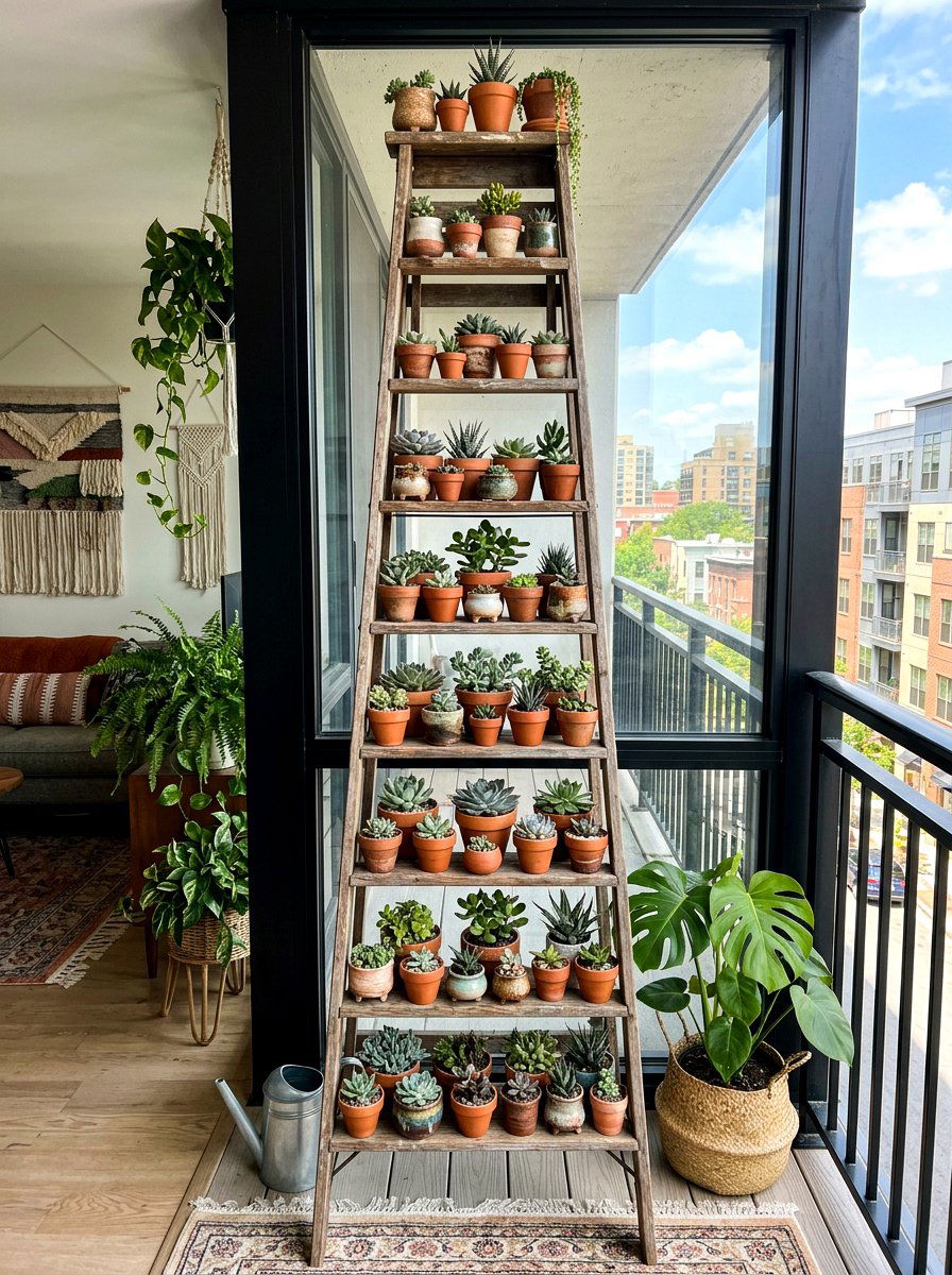 Vertical ladder display - 30 succulent windowsill ideas