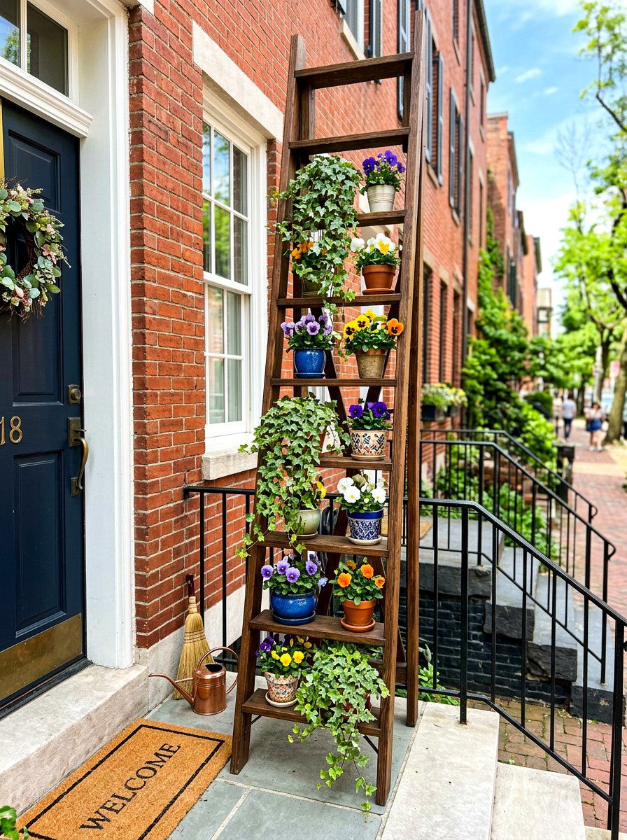 Vertical ladder plant stand - 30 porch step planter ideas