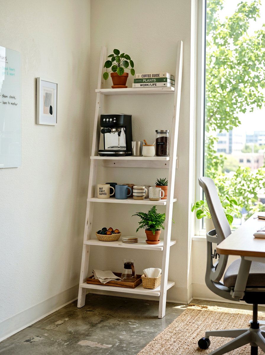 Vertical ladder shelf coffee area - 30 office coffee corner ideas
