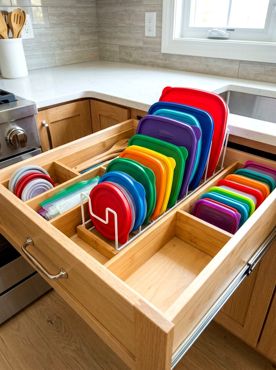 Vertical lid organizer rack - 30 food container organization ideas