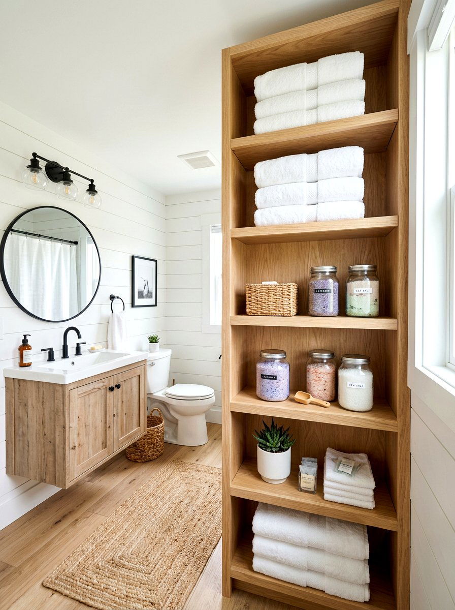 Vertical open shelving - 30 small guest bath decor ideas