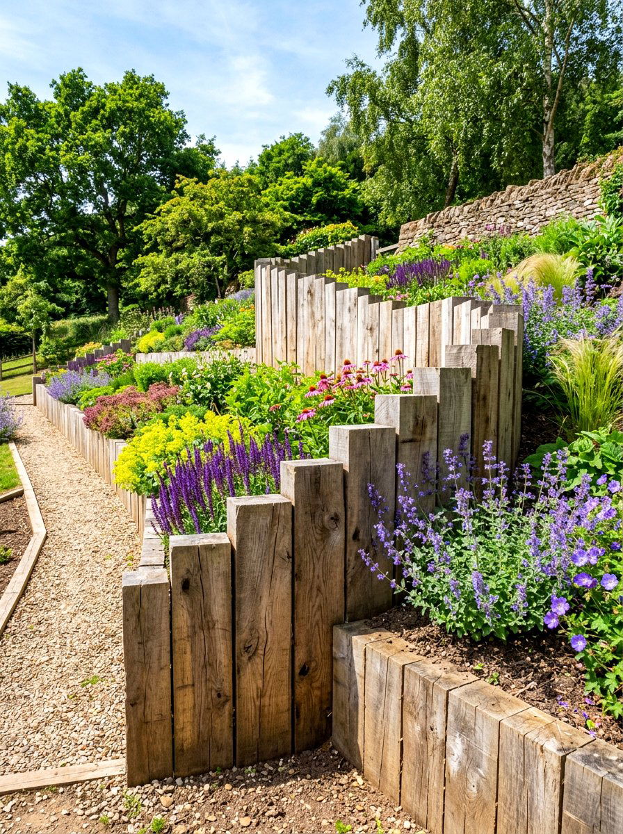 Vertical sleeper garden edging - 30 garden border ideas