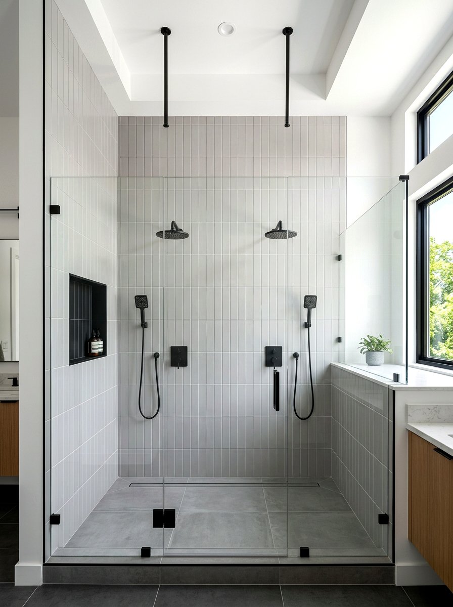 Vertical stack tile shower - 30 double shower bathroom ideas