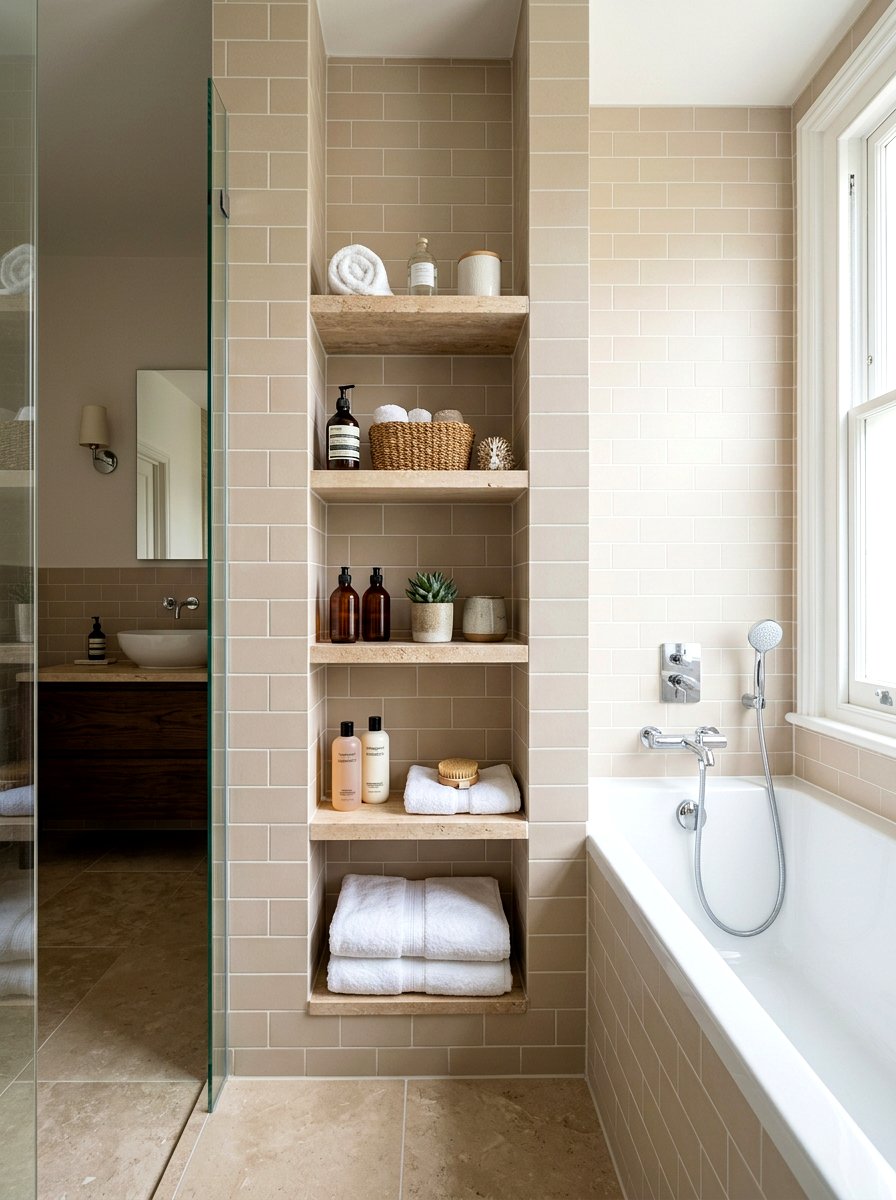 Vertical stacked bathroom shelf - 30 tub niche ideas