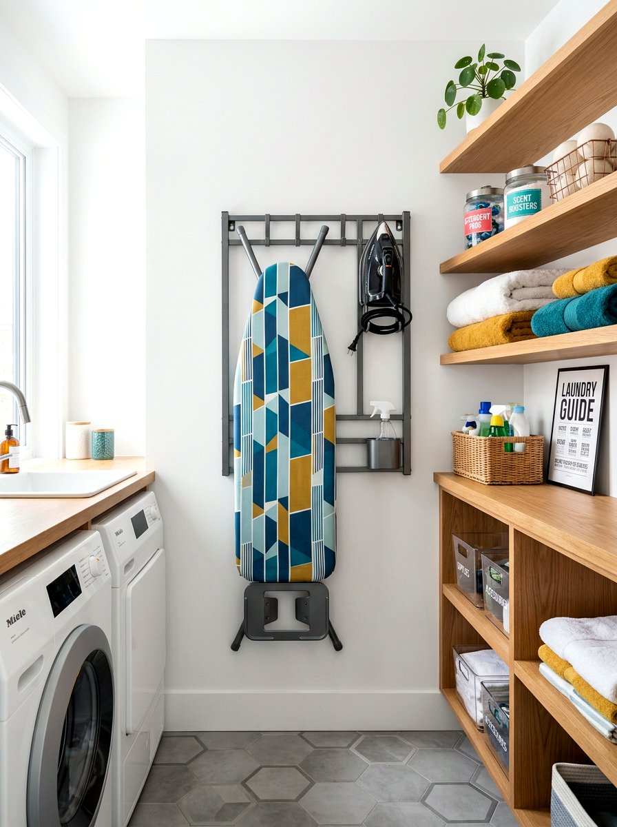 Vertical storage for ironing board - 30 cleaning supply storage ideas