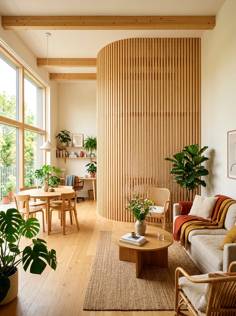 Vertical timber slat curve - 30 curved partition wall ideas