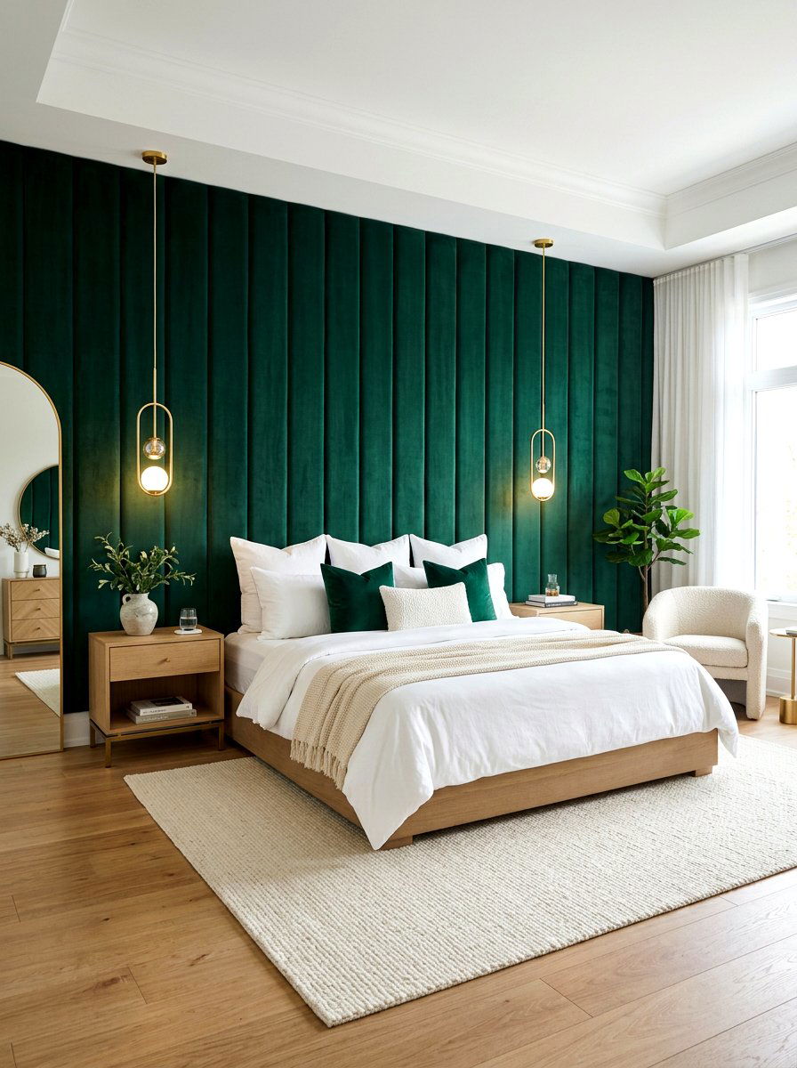 Vertical velvet wall panel - 30 wall to wall headboard ideas