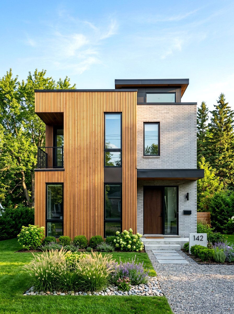 Vertical wood and gray brick - 30 mixed material facade ideas