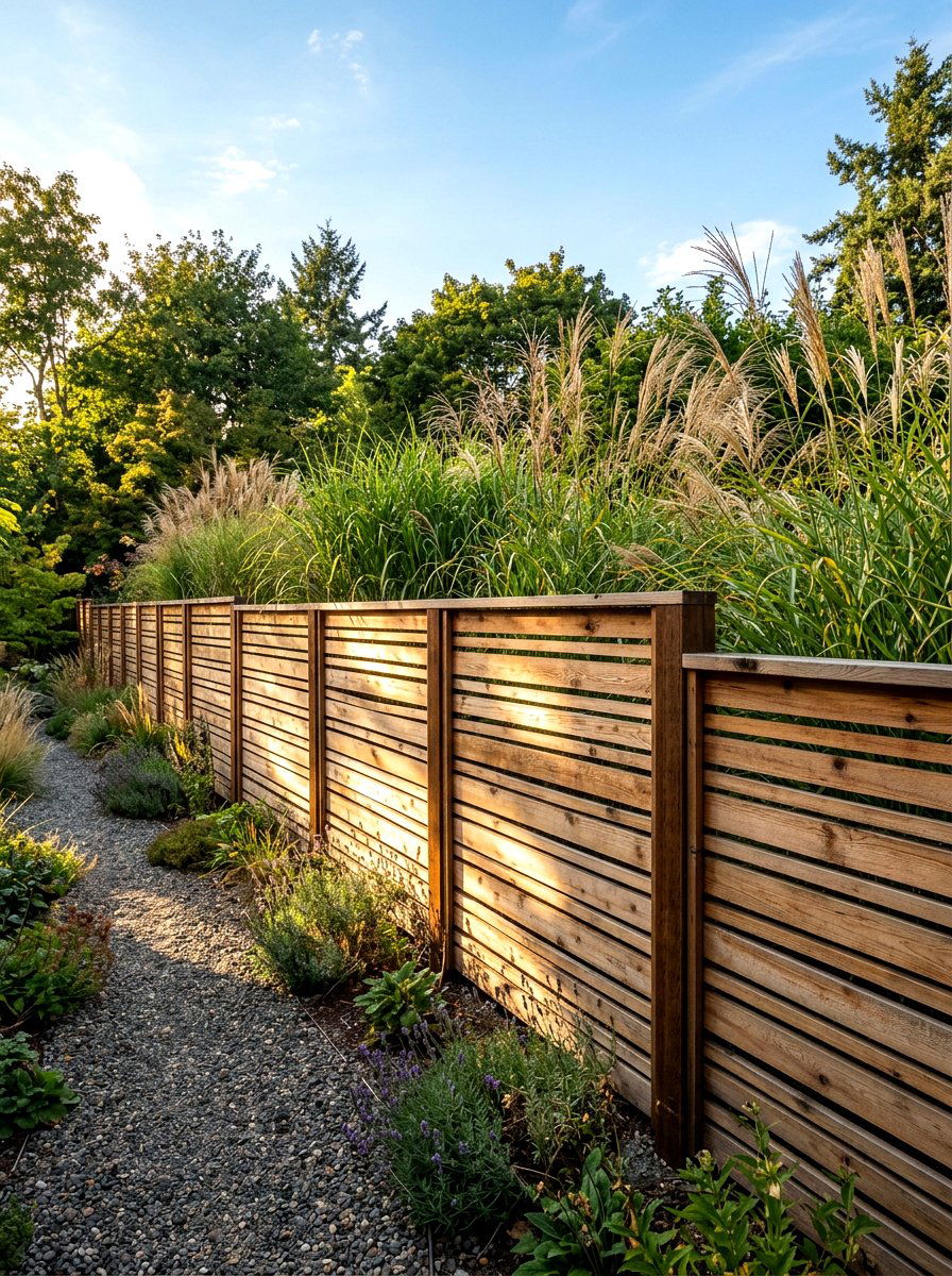 Vertical wood slat fence - 30 warm minimalist garden ideas