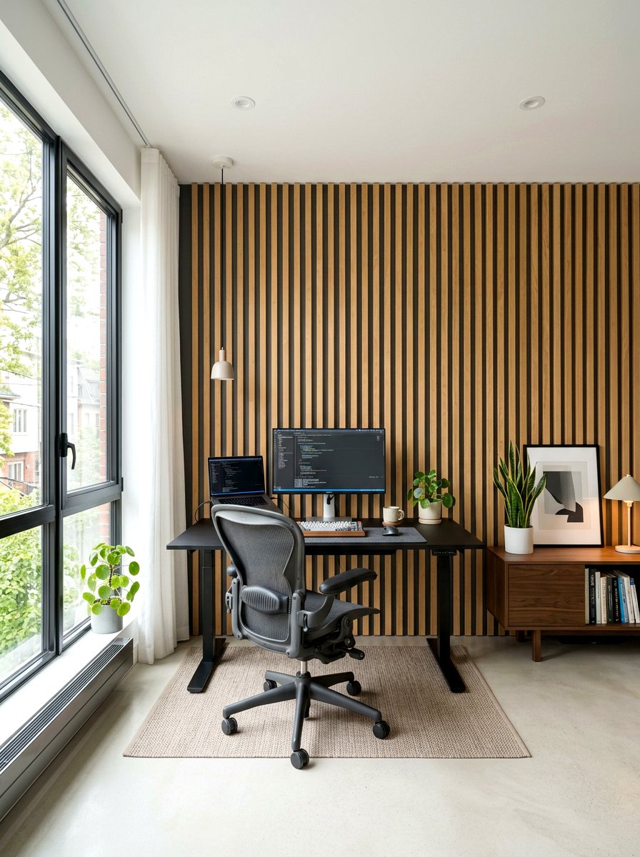 Vertical wood slat wall - 30 office accent wall ideas