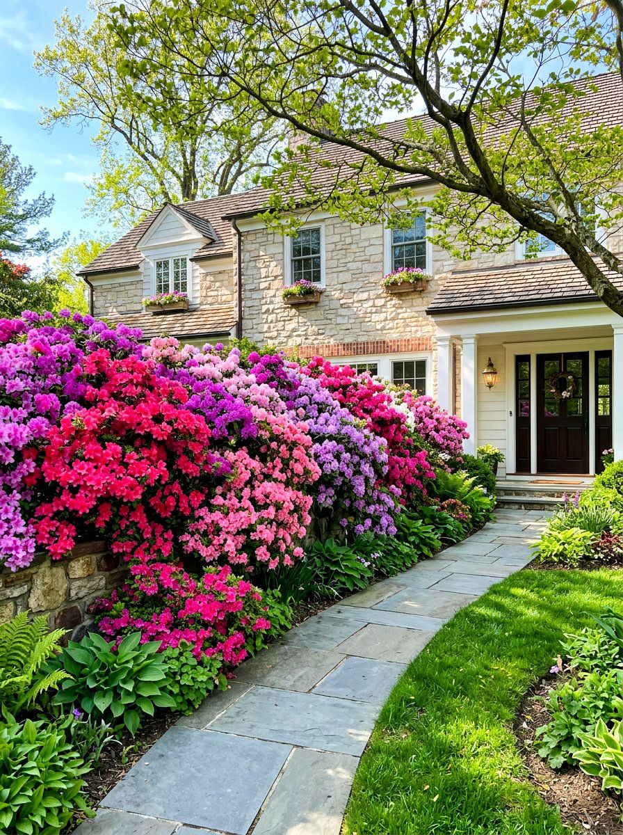 Vibrant Azalea and Rhododendron Spring Displays - 30 foundation flower bed ideas