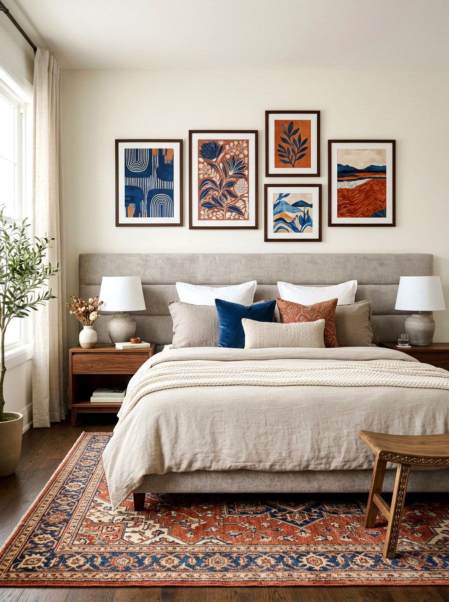 Vibrant Bedroom Art Display - 30 bold colorful gallery wall ideas