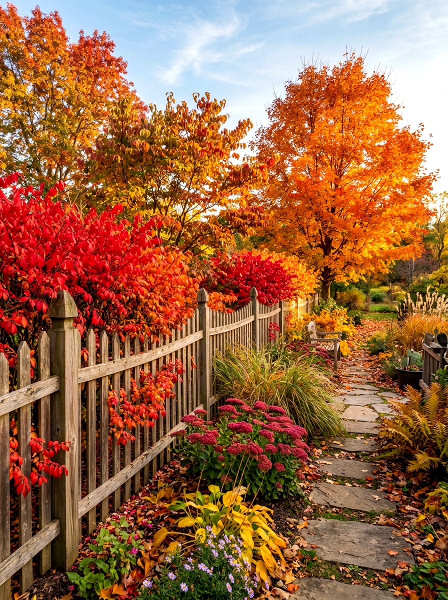 Vibrant fall color border - 30 border planting ideas along fence