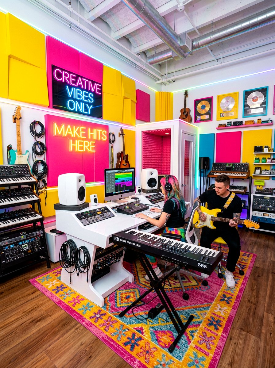 Vibrant neon music studio - 30 recording room ideas