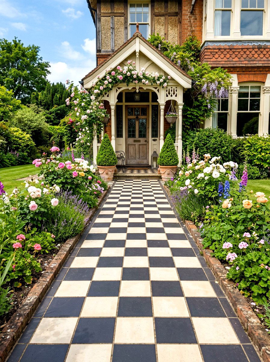Victorian Checkerboard Garden Path - 30 front garden path ideas