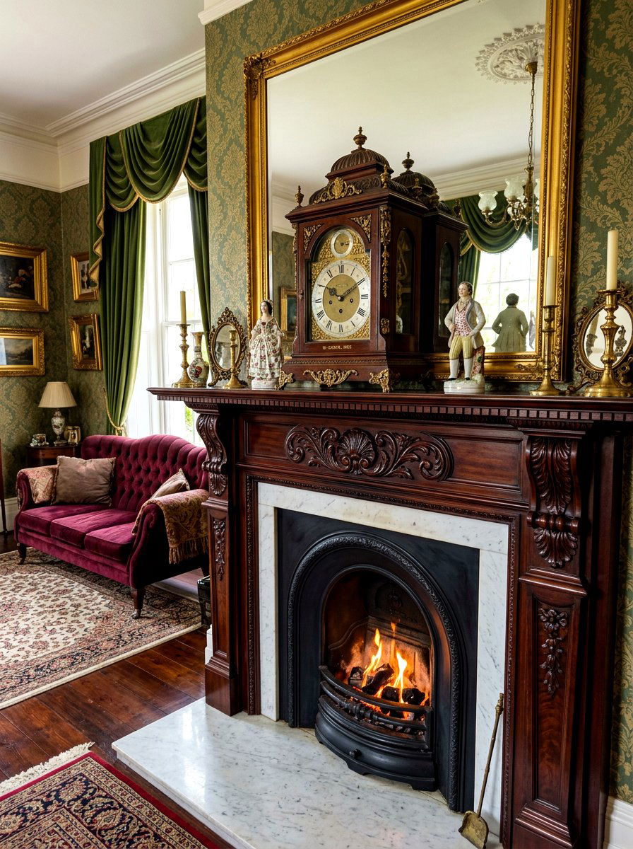 Victorian Clock Mantel - 30 vintage mantel styling ideas
