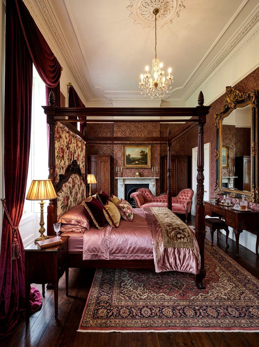 Victorian Rose Upholstered Headboard - 30 rose print bedroom ideas