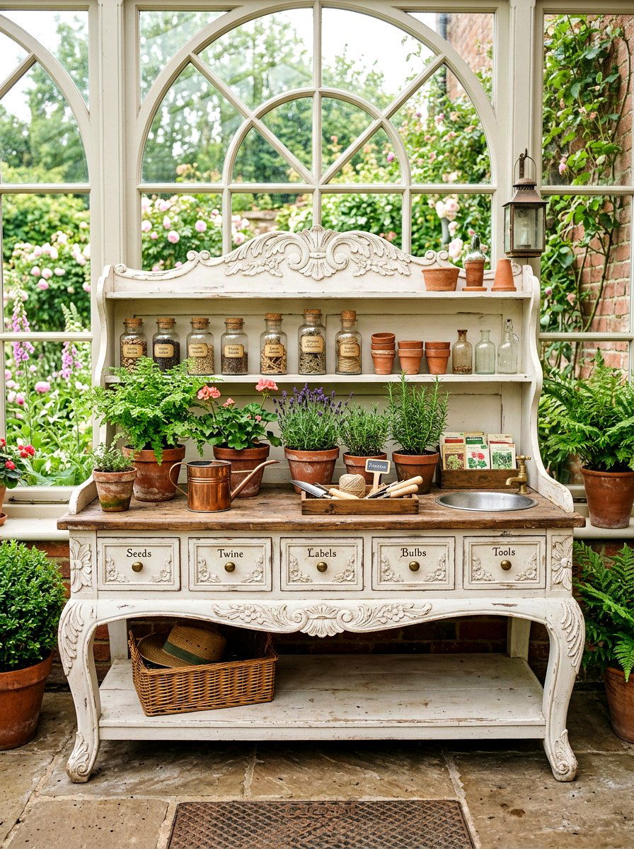 Victorian Style Potting Bench - 30 greenhouse potting area ideas