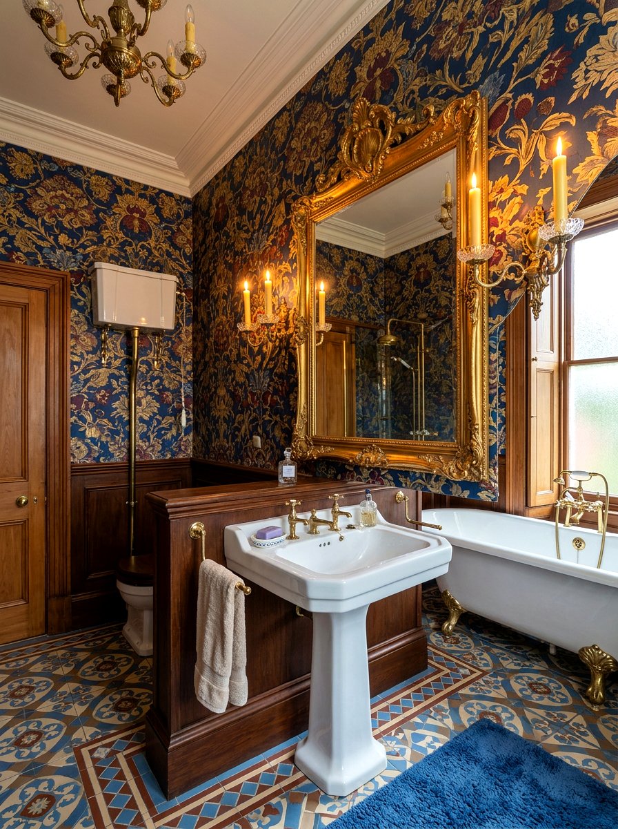 Victorian bathroom with ornate candle sconces - 30 candlelit bathroom ideas