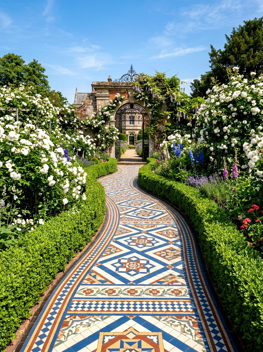 Victorian mosaic tile garden path - 30 secret path garden ideas