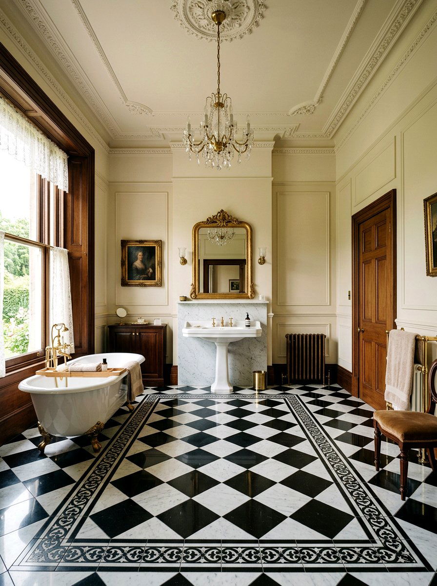 Victorian style border checkerboard tile - 30 checkerboard bath floor ideas