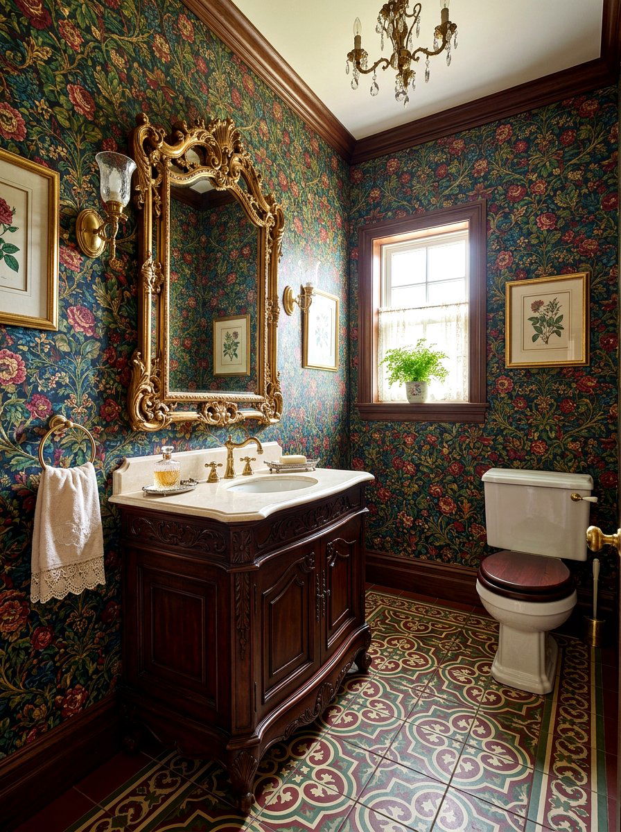 Victorian style floral wallpaper - 30 floral wallpaper powder room ideas