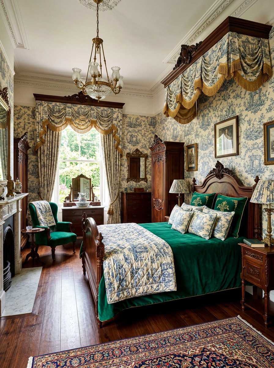 Victorian toile ornate style - 30 toile bedroom ideas