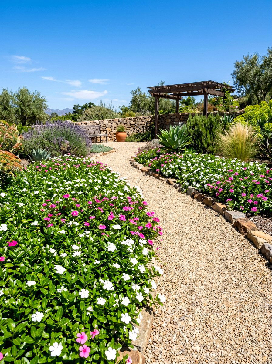 Vinca drought tolerant garden - 30 annual flower border ideas