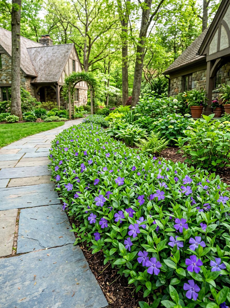 Vinca minor groundcover edge - 30 walkway border planting ideas