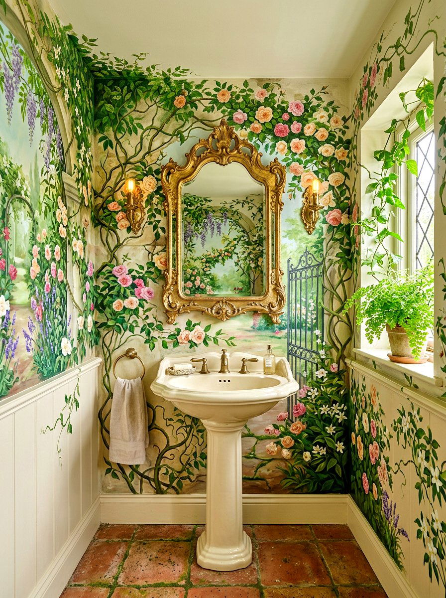 Vine Covered Garden Mural - 30 landscape mural powder room ideas