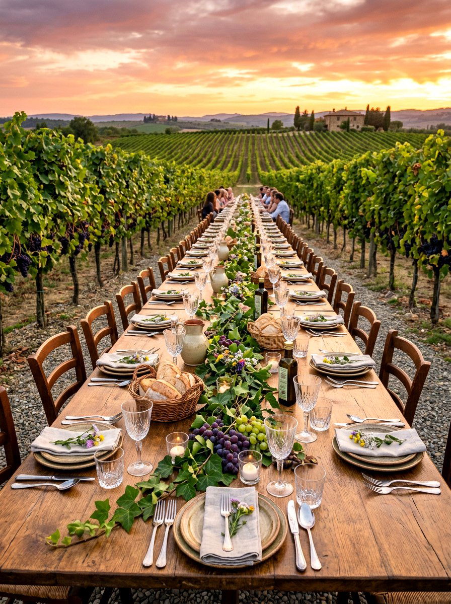 Vineyard style dinner table - 30 sunset dinner table ideas